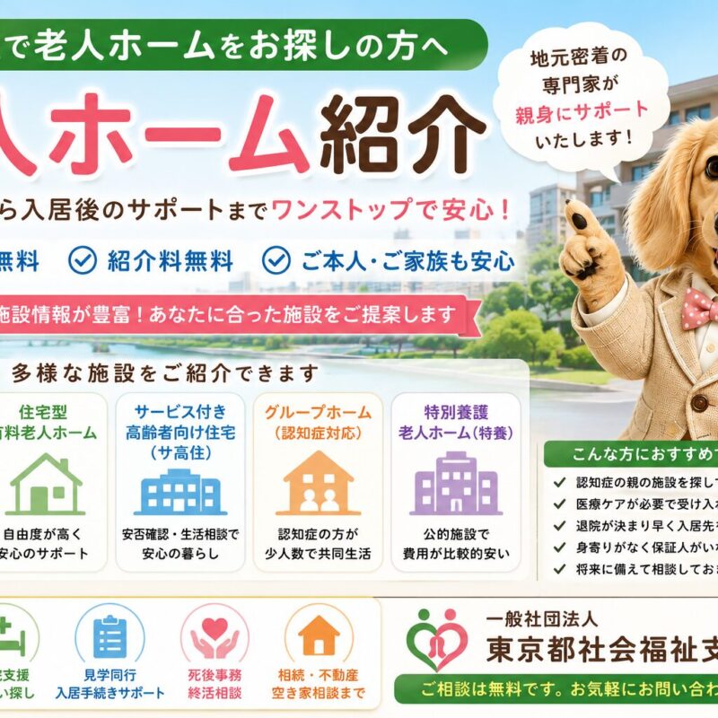 足立区で老人ホームを探している方向けに、老人ホーム紹介、認知症対応、医療対応、身元保証、退院支援などを案内する一般社団法人東京都社会福祉支援センターのタイトル画像