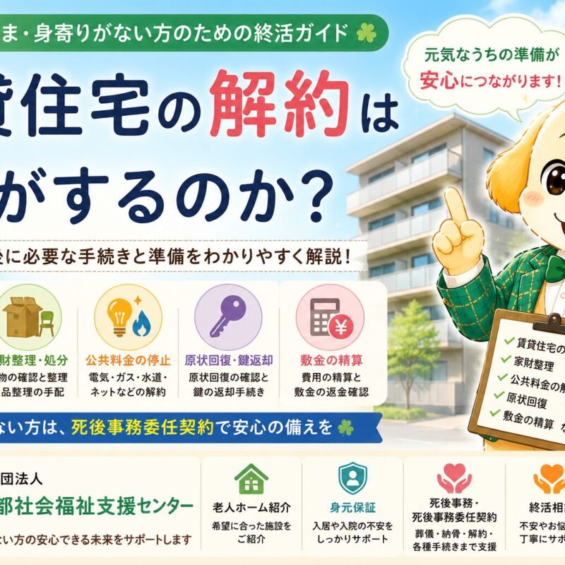 みらい君がキュートなジャケットを着て案内する「賃貸住宅の解約は誰がするのか」のタイトル画像。おひとりさま、身寄りがない方、老人ホーム入居、身元保証、死後事務委任契約、家財整理、公共料金解約について解説する一般社団法人東京都社会福祉支援センターのブログイメージ。