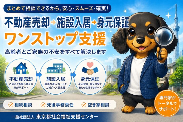 不動産売却から老人ホーム入居、身元保証まで一括で相談する高齢者と家族のイメージ