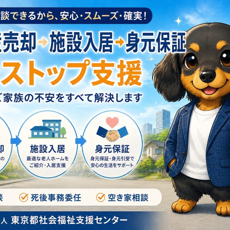 不動産売却から老人ホーム入居、身元保証まで一括で相談する高齢者と家族のイメージ