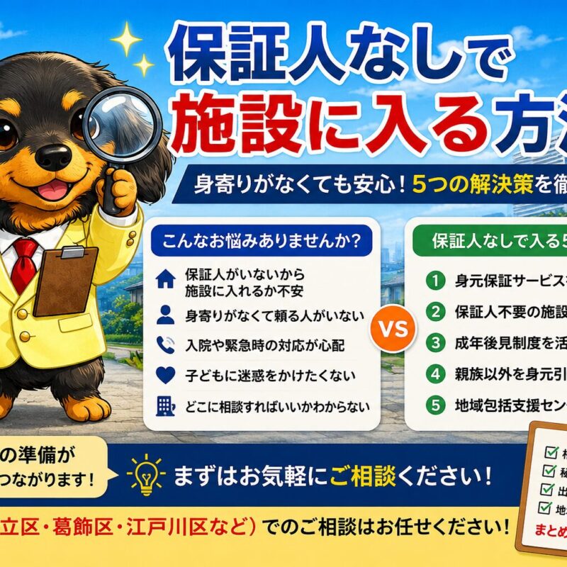 薄い水色のジャケットを着たみらい君が、保証人なしで老人ホームへ入る方法について解説しているタイトル画像。