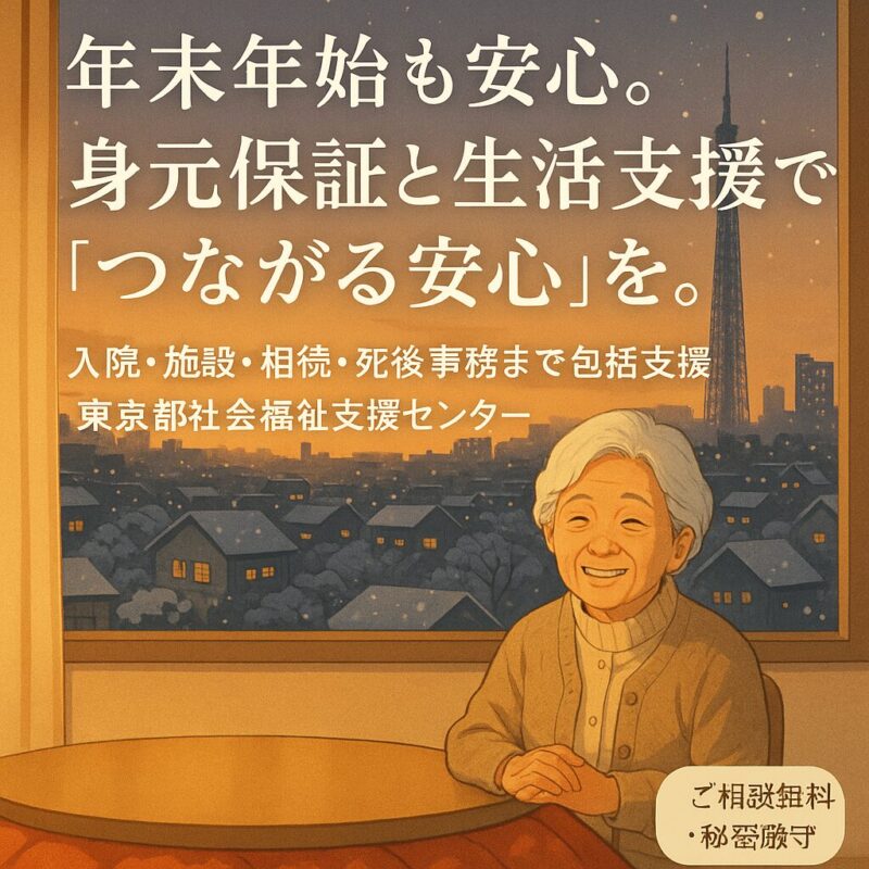 足立区・葛飾区で身元保証人がいない高齢者を支援。年末年始も入院・施設入居・相続・死後事務を包括的にサポートする東京都社会福祉支援センターの案内バナー。