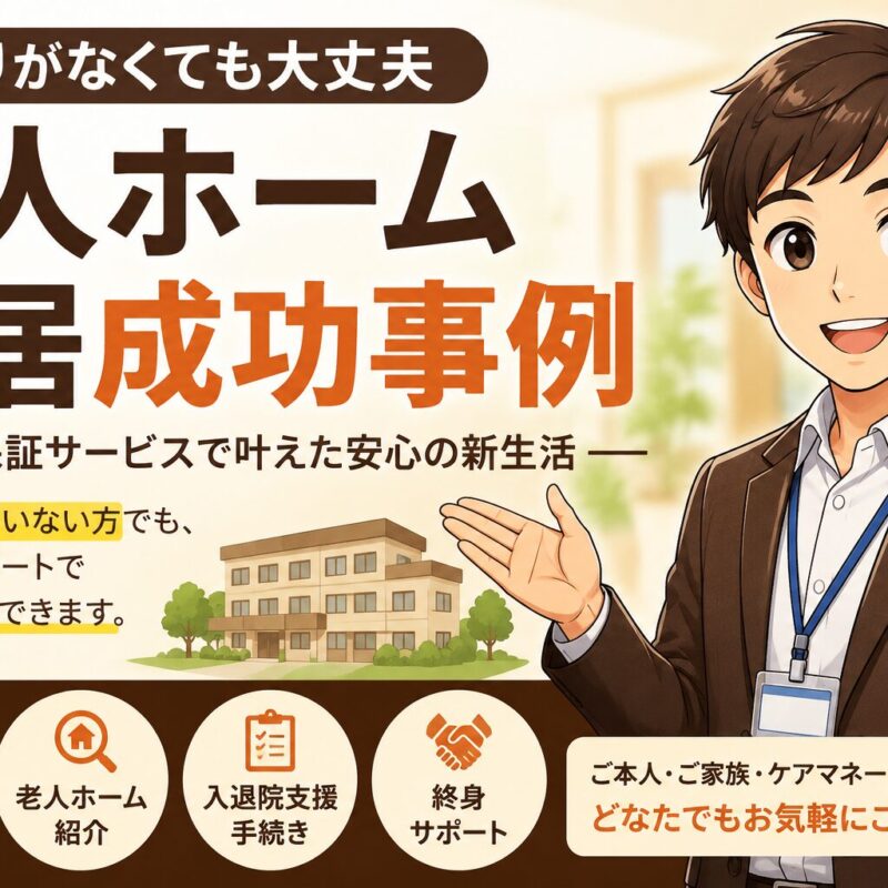 身寄りのない高齢者が身元保証サービスを利用して老人ホームへ入居できた成功事例を紹介するイメージ画像