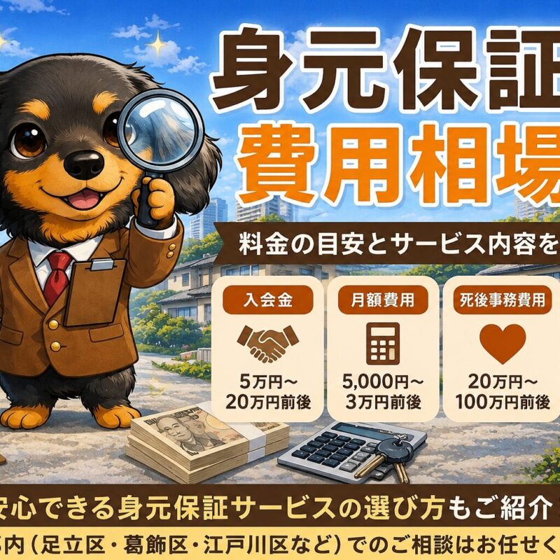 身元保証の費用相場を解説する福祉のみらいのタイトル画像。ブラウンのジャケットを着たみらい君が、入会金・月額費用・死後事務費用・金銭管理支援など身元保証サービスの料金目安を紹介しているイメージ。
