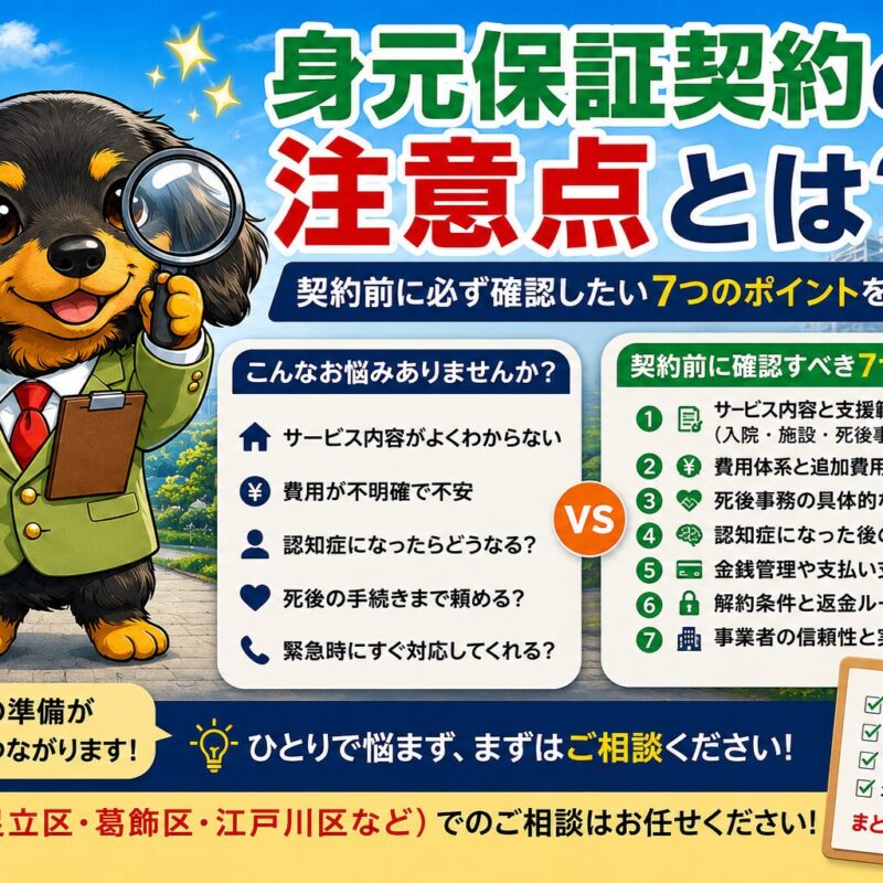 身元保証契約の注意点や契約前の確認ポイントについて、みらい君が解説している福祉のみらいのタイトル画像。