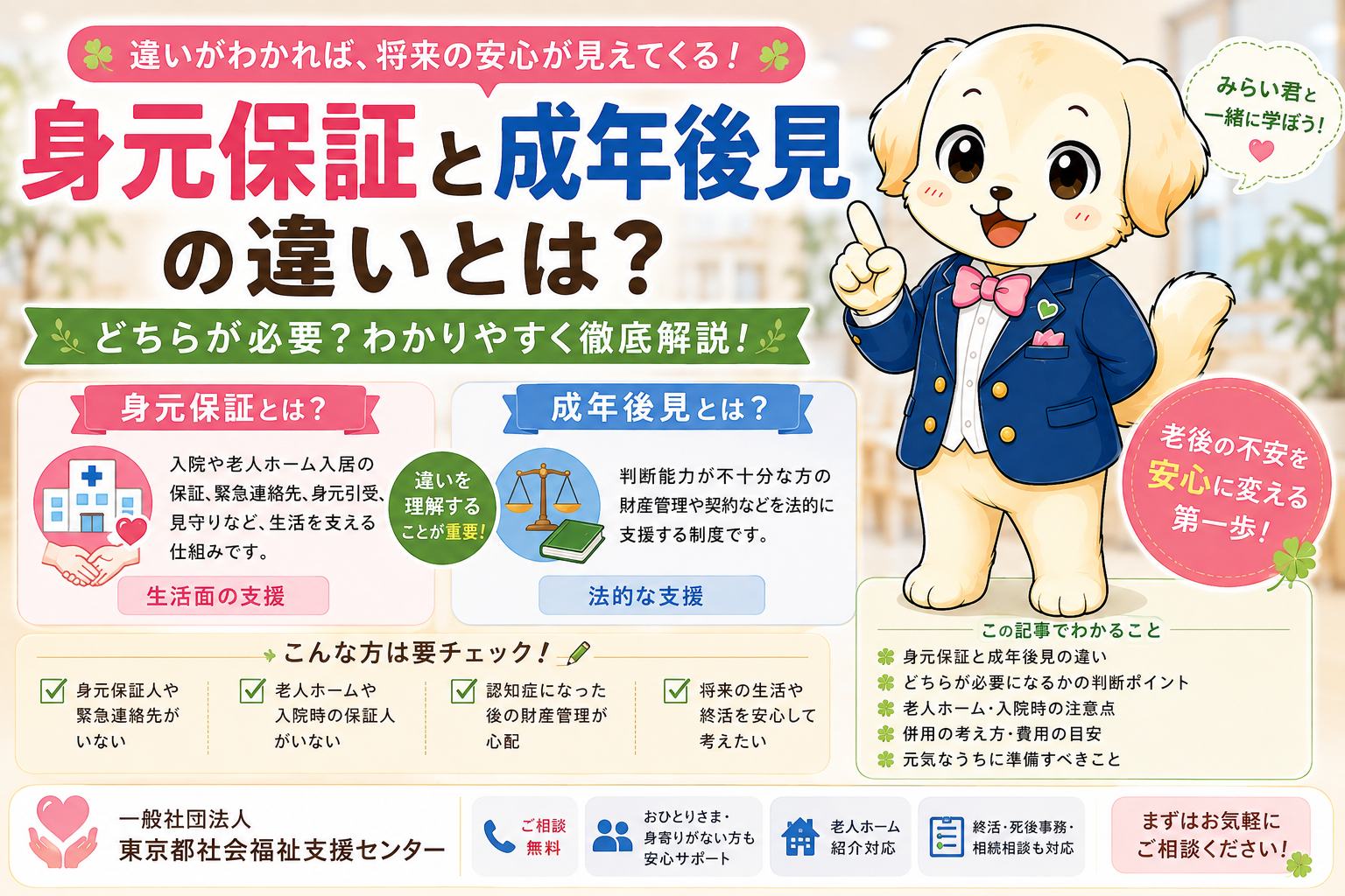 身元保証と成年後見・任意後見の違いや老人ホーム入居・入院・認知症への備えを解説するタイトル画像
