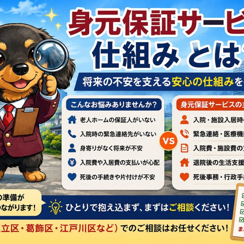 みらい君が身元保証サービスの仕組みや高齢者支援について解説している福祉のみらいのタイトル画像。