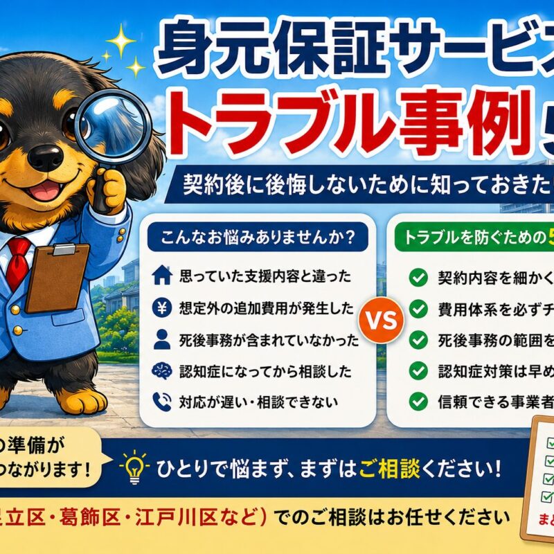 身元保証サービスのトラブル事例や契約時の注意点について、みらい君が解説しているタイトル画像。