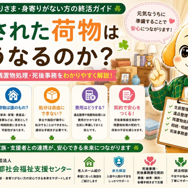 みらい君がキュートなジャケットを着て、亡くなった後に残された荷物はどうなるのかを案内するタイトル画像。おひとりさま、身寄りがない方、老人ホーム入居、遺品整理、残置物処理、相続放棄、死後事務委任契約について解説する一般社団法人東京都社会福祉支援センターのブログイメージ。