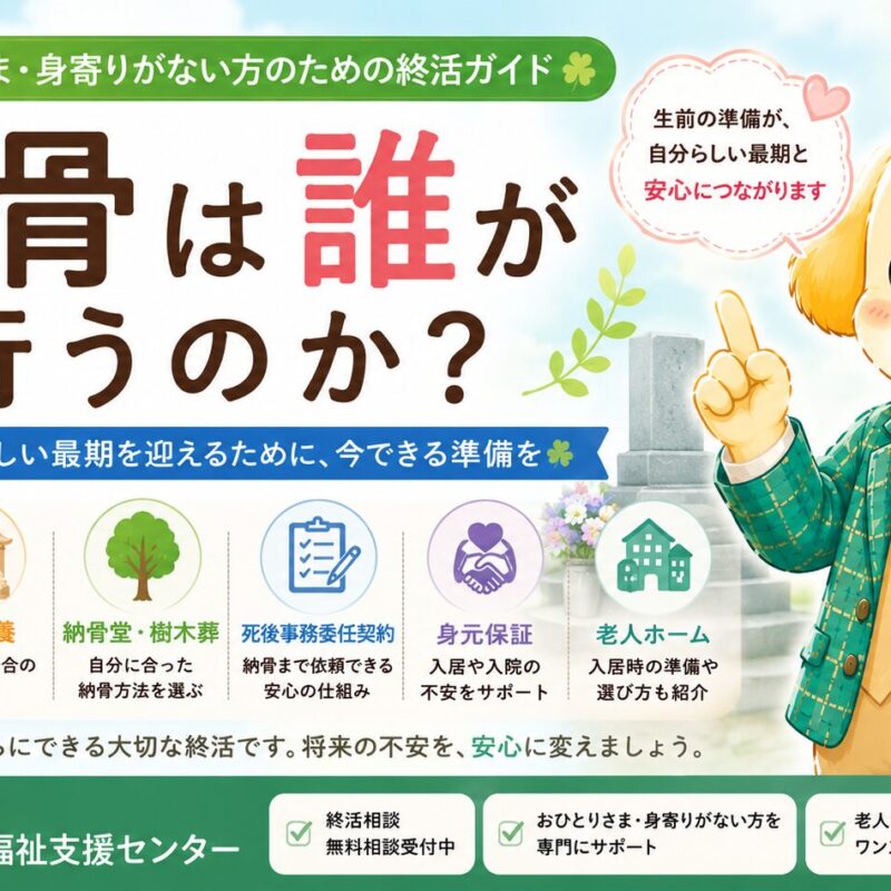 みらい君がキュートなジャケットを着て案内する「納骨は誰が行うのか」のタイトル画像。納骨、永代供養、納骨堂、身元保証、死後事務委任契約、終活について解説する一般社団法人東京都社会福祉支援センターのブログイメージ。