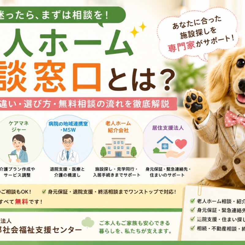老人ホーム相談窓口の種類や役割、相談先の違い、老人ホーム紹介会社や地域包括支援センターなどの特徴を解説する一般社団法人東京都社会福祉支援センターのタイトル画像
