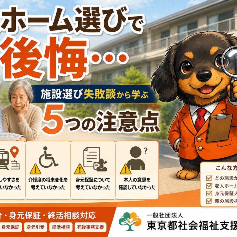 老人ホーム選びで後悔した高齢者や家族の失敗事例と施設選びのポイントを解説するイメージ画像