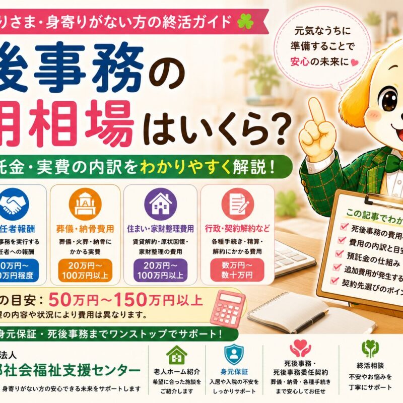 みらい君がキュートなジャケット姿で死後事務の費用相場を案内するタイトル画像。死後事務委任契約の作成費、受任者報酬、預託金、葬儀・火葬・納骨、賃貸住宅の解約、家財整理の費用内訳を一般社団法人東京都社会福祉支援センターが解説。